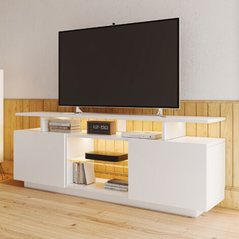Meuble TV avec Éclairage LED 16 Couleurs, Meuble de Rangement Élégant pour Téléviseur 60 Pouces, Bande Lumineuse 16 Couleurs, Vantaux de Porte Brillants avec Compartiments en Verre 1403555 cm, Blanc (1/4)