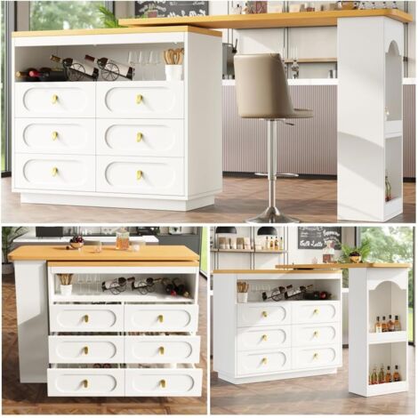 Table de Bar Pivotante 360° et Extensible Haute Qualité avec Espace de Rangement, Buffet à Tiroirs Multifonction pour Cuisine, Salon, Salle à Manger et Bureau, Longueur Réglable 138-203 cm, Blanc (1/5)