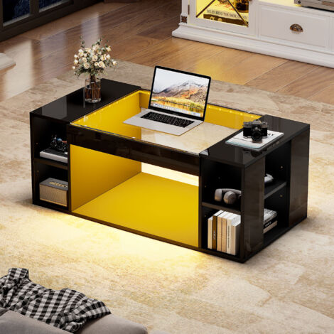 Table Basse de Salon LED avec Design Évidé Central et Plateau en Verre Trempé, Brillance Haute pour Ambiance Festive ou Moderne, 100 x 50 x 40 cm, Noir et MDF (1/5)