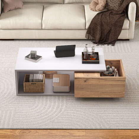 Table Basse Brillante avec Tiroir Pivotant à 360° et Espace de Rangement Ouvert, Design Moderne en Blanc et Bois, Multifonctionnelle comme Table de Canapé ou d‘Appoint, 90 x 50 x 30 cm (1/4)