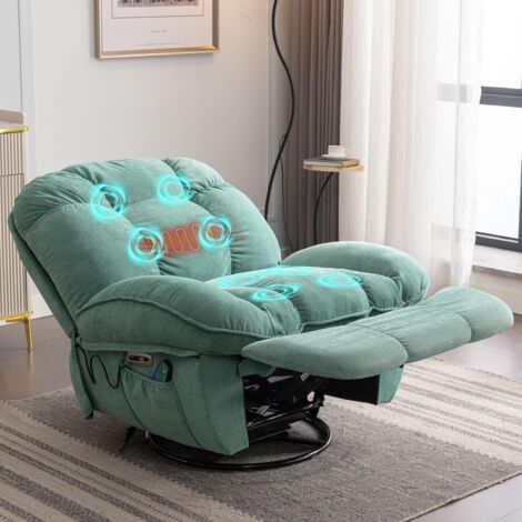 Fauteuil de massage électrique inclinable, chauffant, avec fonction de massage par vibration, connecteurs Type C et USB, pivotant avec minuterie, 1 porte-gobelet et poches latérales (vert)