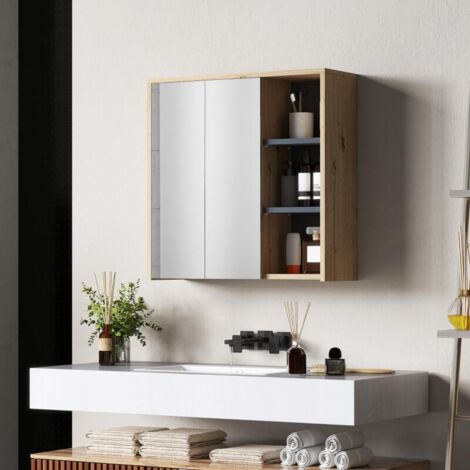 Armoire de salle de bain avec miroir armoire de toilette miroir mural 3 étagères ouverts 60 x 20 x 60 cm bois naturel (1/5)