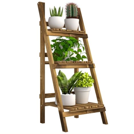 Outsunny 3-Etagen Pflanzenständer, klappbarer 93 cm hoch Blumenständer für Innen Außen, Pflanzenregal aus Holz, Blumentopfständer mit Tabletts, Blumentreppe für Wohnzimmer, Garten Balkon, Dunkelbraun (1/5)