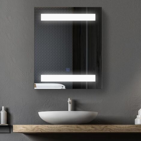 Armoire murale de salle de bain avec 1 porte, miroir et éclairage LED 2 étagères intérieures MDF blanc (60 x 50 x 15 cm)