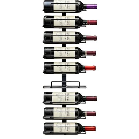 Casier à vin mural moderne en métal noir avec présentoir de rangement pour 9 bouteilles et conception verticale peu encombrante, adapté aux bars, cuisines, salles à manger et caves à vin à domicile. (1/5)