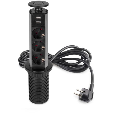 Emuca – Multiprise rétractable 3 prises Schuko – 2 ports USB 5V – Longueur 34 cm – Installation facile sans outils – Pour meubles de bureau et cuisine