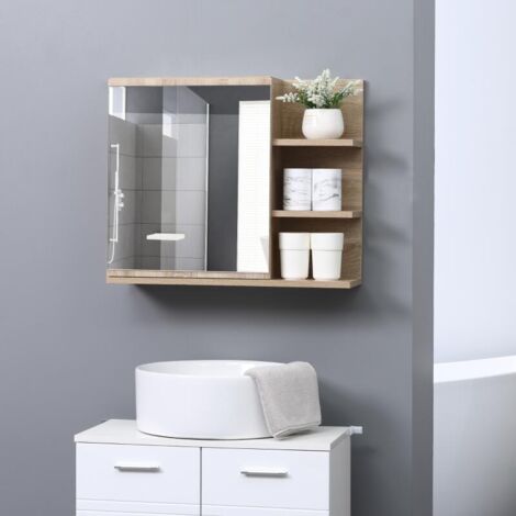 Armoire de toilette murale avec miroir, porte miroir et 3 étagères latérales en bois, 60 x 18 x 50 cm, couleur bois