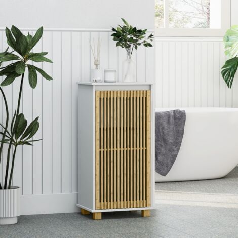 Meuble salle de bain avec panier à linge, porte à lattes en bambou et sac amovible, blanc et effet bois naturel (1/5)