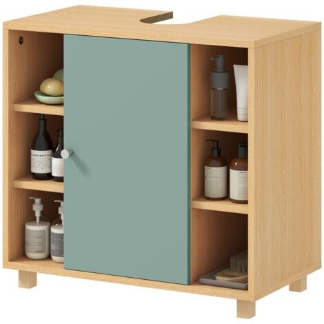 Meuble sous lavabo, meuble de salle de bain avec 6 étagères ouvertes et porte à fermeture amortie 60 x 33 x 57 cm, vert (1/5)