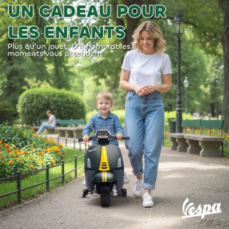AIYAPLAY Moto électrique Vespa Enfant – 6 V – Roues Stabilisatrices – Phare, Klaxon – Vitesse 2,5 Km/h – Dès 2-6 Ans