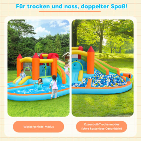 Château gonflable multifonctionnel pour l'extérieur avec souffleur, toboggan aquatique, trampoline, panier de basket, pistolet à eau, 2 piscines, 1 grand et 1 petit toboggan – utilisable à sec ou avec