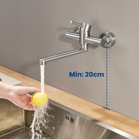 Robinet de cuisine mural, robinet monocommande pivotant à 360°, robinetterie de cuisine en acier inoxydable 304, brossé. | Leroy Merlin