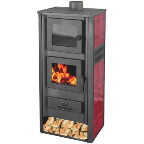 STUFA A LEGNA ACCIAIO VETRO 12 KW CON PORTALEGNA FORNO cm 48x42x117 ROSSO 170ro