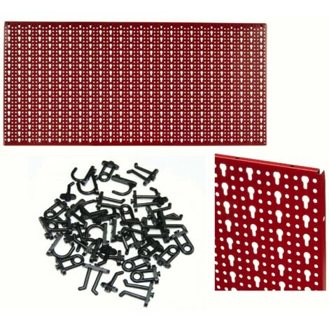KIT PANNELLO FORATO PORTA ATTREZZI UTENSILI LAVORO MURO PARETE GANCI MISTI ROSSO