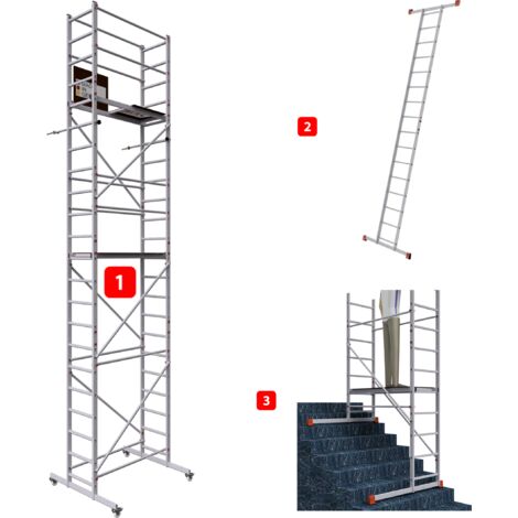 AluCombine 3.0 - 700, hauteur de travail 7m, échafaudage échellee, traverse & 4x roues d'échafaudage de roulement
