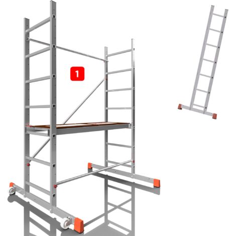 AluCombine 3.0 - 300, hauteur de travail 3m, échafaudage échellee, traverse & 2x roues d'échafaudage fixes (Ø80mm)