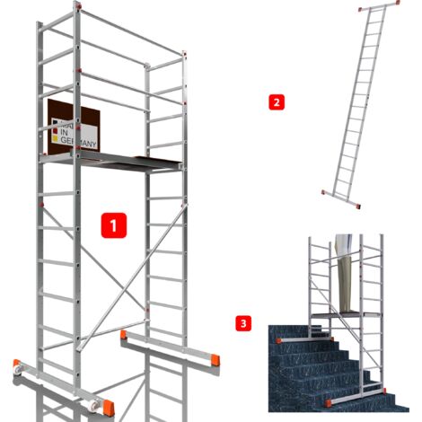 AluCombine 3.0 - 400, hauteur de travail 4m, échafaudage échellee, traverse & 2x roues d'échafaudage fixes (Ø80mm)
