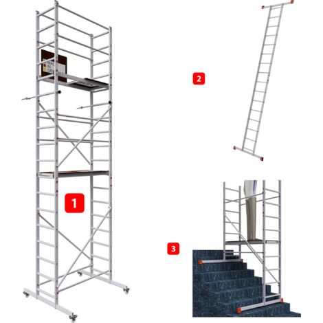 AluCombine 3.0 - 600, hauteur de travail 6m, échafaudage échellee, traverse & 4x roues d'échafaudage de roulement