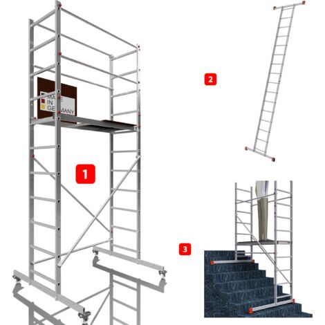 AluCombine 3.0 - 400, hauteur de travail 4m, échafaudage échellee, traverse & 4x roues d'échafaudage de roulement