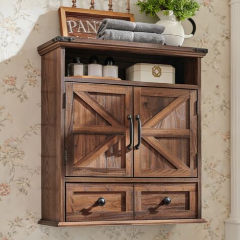Armoire Murale de Salle de Bain Style Campagnard, Meuble de Rangement à Double Portes Battantes, 1 Tiroir & Étagère Réglable - Idéal pour Salle de Bain, Cuisine & Salon - Panneau de Particules Marron
