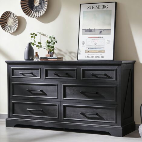Table de chevet bois Commode Chambre 7 Tiroirs, Meuble de Rangement Moderne 132 cm Large, Rangement Multi-usage pour Chambre & Salon - Panneau de Particules Noir