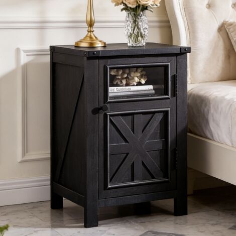 Commode Table d'Appoint Style Farmhouse avec Station de Charge, Table de Chevet Rustique à Porte de Grange & Étagère Réglable, Table Latérale en Bois avec Rangement 3 Niveaux - Panneau de Particules N (1/5)