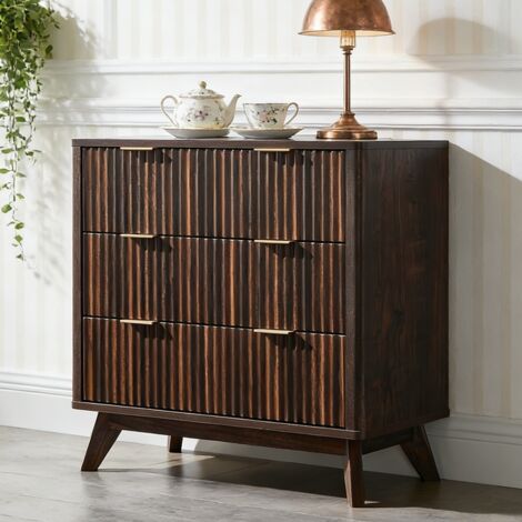 Commode chambre 3 Tiroirs Style Fluté 32" Haute, Commode bois avec Plateau Faux Marbre & Profil Courbé, Organisateur de Rangement pour Chambre, Salon & Couloir - Panneau de Particules Dark Walnut