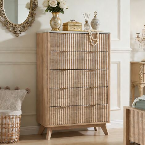 Commode chambre 5 Tiroirs Style Fluté 48" Haute, Commode bois avec Plateau Faux Marbre & Profil Courbé, Organisateur de Rangement pour Chambre, Salon, Couloir & Entrée - Panneau de Particules Chêne Na