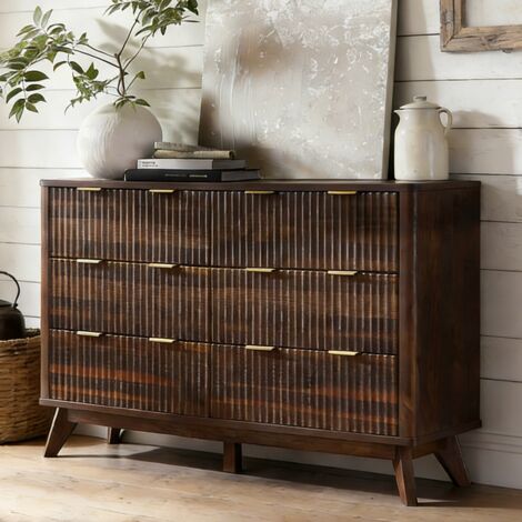 Commode 6 Tiroirs à Panneaux Canelés, Plateau Faux Marbre, Profil Courbé - Meuble TV 137 cm Large, Organisateur en Bois pour Chambre Salon Couloir, Panneau de Particules Noyer Foncé (1/5)