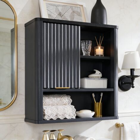 Armoire Murale de Salle de Bain Style Fluté avec Porte Coulissante, Armoire Médicale Moderne avec Plateau Faux Marbre & Étagère Réglable, Profil Courbé pour Rangement - Panneau de Particules Gris Fonc