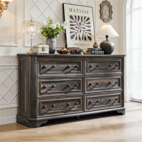 Commode bois Style Farmhouse 54" Large avec 6 Tiroirs, Commode Rustique à Texture Naturelle & Design Vintage, Organisateur de Rangement pour Chambre & Salon - Panneau de Particules Chêne Rustique Fonc