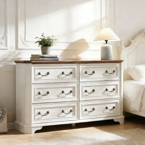 Commode bois Style Farmhouse 54" Large avec 6 Tiroirs, Commode Rustique à Texture Naturelle & Design Vintage, Organisateur de Rangement pour Chambre & Salon - Panneau de Particules Blanc Défraîchi