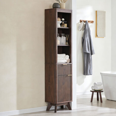 Armoire de rangement pour salle de bain 68" Haute Étroite, Armoire avec Étagère Réglable, Tiroir & Plateau Faux Marbre, Profil Courbé pour Salle de Bain, Salon & Cuisine - Panneau de Particules Noyer