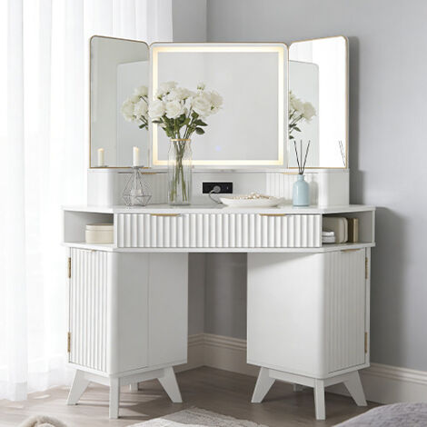Coiffeuse miroir led Style Fluté 48" Grande Coiffeuse d'angle avec Plateau en Verre, Station de Charge, 3 Tiroirs & Rangements - Pour Chambre - Panneau de Particules Blanc