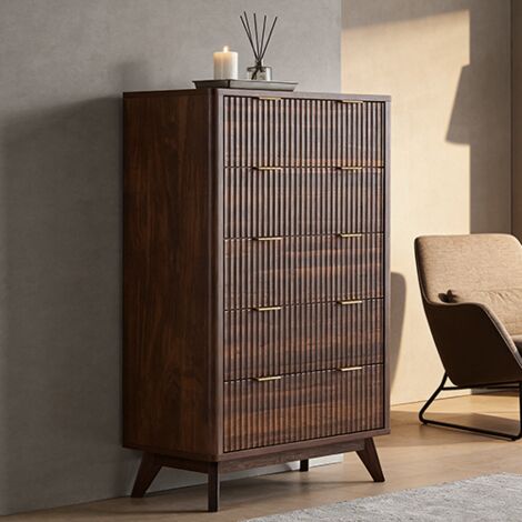 Commode chambre 5 Tiroirs Style Fluté 48" Haute, Commode bois avec Plateau Faux Marbre & Profil Courbé, Organisateur de Rangement pour Chambre, Salon, Couloir & Entrée - Panneau de Particules Noyer Fo