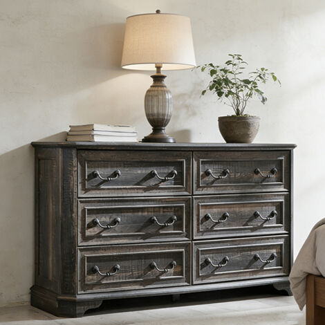 Commode bois Style Farmhouse 54" Large avec 6 Tiroirs, Commode Rustique à Texture Naturelle & Design Vintage, Organisateur de Rangement pour Chambre & Salon - Panneau de Particules Chêne Rustique Fonc