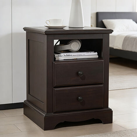 Table de Chevet avec Charge + Prise, Table d'Appoint Vintage 18 Pouces 2 Tiroirs, Table Côté Canapé Rustique avec Étagère Ouverte, Rangement pour Chambre ou Salon, en Panneau de particules, Espresso