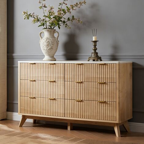 Commode 6 Tiroirs à Panneaux Canelés, Plateau Faux Marbre, Profil Courbé - Meuble TV 137 cm Large, Organisateur en Bois pour Chambre Salon Couloir, Panneau de Particules Chêne Naturel (1/5)