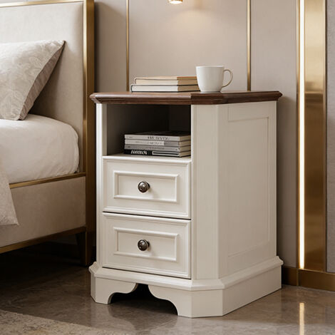 Table de chevet bois Style Farmhouse 18" avec Station de Charge, Meuble d'Appoint à 2 Tiroirs pour Chambre & Salon - Panneau de Particules Blanc Antique