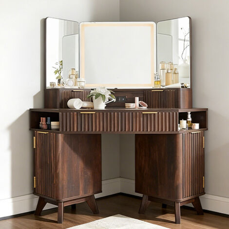 Coiffeuse miroir led Style Fluté 48" Grande Coiffeuse d'angle avec Plateau en Verre, Station de Charge, 3 Tiroirs & Rangements - Pour Chambre - Panneau de Particules Noyer foncé