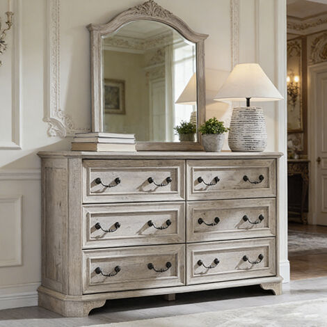 Commode bois Style Farmhouse 54" Large avec 6 Tiroirs, Commode Rustique à Texture Naturelle & Design Vintage, Organisateur de Rangement pour Chambre & Salon - Panneau de Particules Blanc Défraîchi