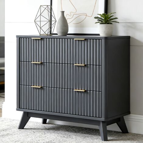 Commode chambre 3 Tiroirs Style Fluté 32" Haute, Commode bois avec Plateau Faux Marbre & Profil Courbé, Organisateur de Rangement pour Chambre, Salon & Couloir - Panneau de Particules Dark Grey (1/5)
