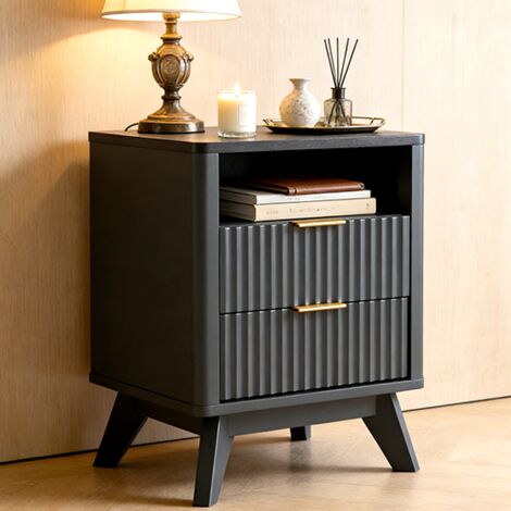 Table de chevet bois Moderne 18" Style Fluté avec Station de Charge, Meuble d'Appoint à 2 Tiroirs & Plateau Faux Marbre, Profil Courbé pour Chambre & Salon - Panneau de Particules Dark Grey