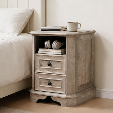 Table de chevet bois Style Farmhouse 18" avec Station de Charge, Meuble d'Appoint à 2 Tiroirs pour Chambre & Salon - Panneau de Particules Chêne Rustique Clair