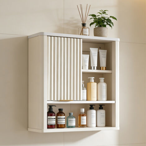 Armoire Murale de Salle de Bain Style Fluté avec Porte Coulissante, Armoire Médicale Moderne avec Plateau Faux Marbre & Étagère Réglable, Profil Courbé pour Rangement - Panneau de Particules Blanc cas