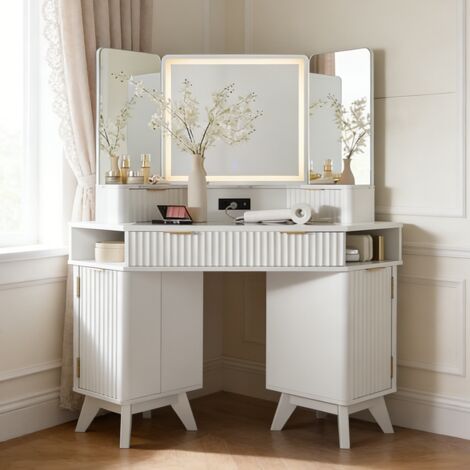 Coiffeuse miroir led Style Fluté 48" Grande Coiffeuse d'angle avec Plateau en Verre, Station de Charge, 3 Tiroirs & Rangements - Pour Chambre - Panneau de Particules Blanc