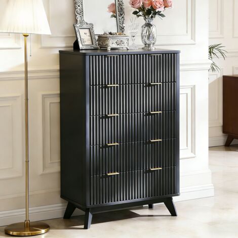 Commode chambre 5 Tiroirs Style Fluté 48" Haute, Commode bois avec Plateau Faux Marbre & Profil Courbé, Organisateur de Rangement pour Chambre, Salon, Couloir & Entrée - Panneau de Particules Gris Fon (1/5)