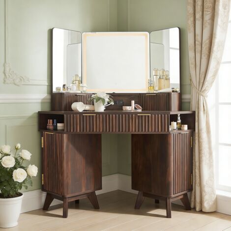 Coiffeuse miroir led Style Fluté 48" Grande Coiffeuse d'angle avec Plateau en Verre, Station de Charge, 3 Tiroirs & Rangements - Pour Chambre - Panneau de Particules Noyer foncé