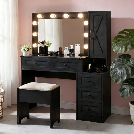 Coiffeuse Moderne Style Campagne avec Station de Charge + Prise + Ampoule, Table de Maquillage équipée de Miroir Éclairé + Tiroirs, Avec Tabouret, Panneau de Particules, Noir (1/5)