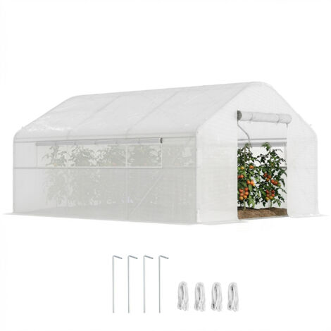 Serre de jardin 4 x 3 x 2m avec portes enroulables et grandes fenêtres, serre tunnel de jardin, blanc